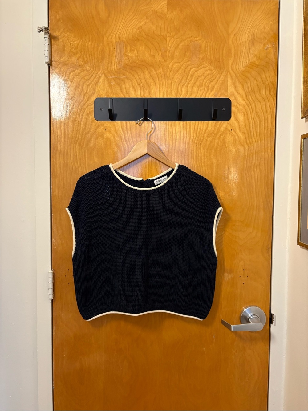 vestique navy Sleeveless Knit Top with Cream Trim